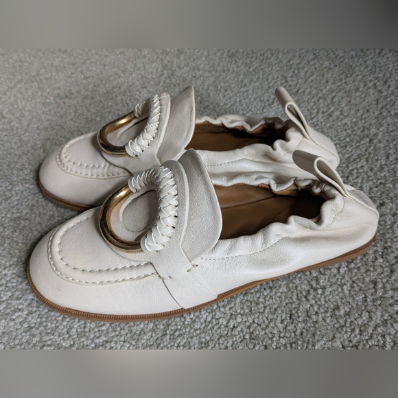See By Chloe Shoes - See By Chloe White Loafers with Gold Accent